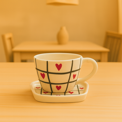 Handcrafted Grid & Heart Ceramic Cup & Saucer Set | Cream Coffee & Tea Mug for Gifting