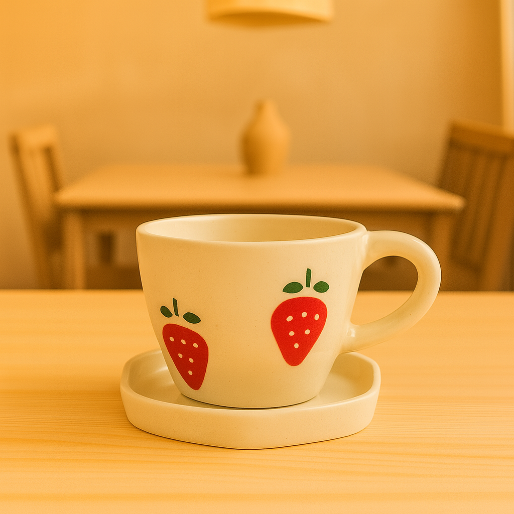 Handcrafted Strawberry Ceramic Cup & Saucer Set | Cream Coffee & Tea Mug for Home