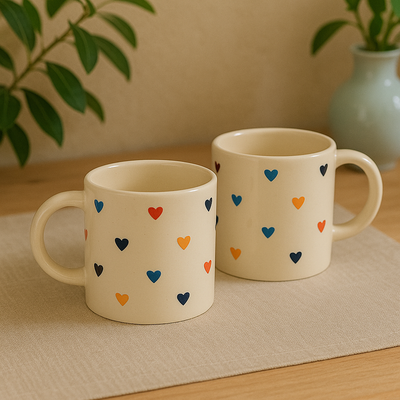 Set of 2 Multicolor Heart Ceramic Mugs | Handcrafted Coffee & Tea Cups for Home & Gifting