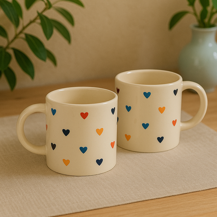 Set of 2 Multicolor Heart Ceramic Mugs | Handcrafted Coffee & Tea Cups for Home & Gifting
