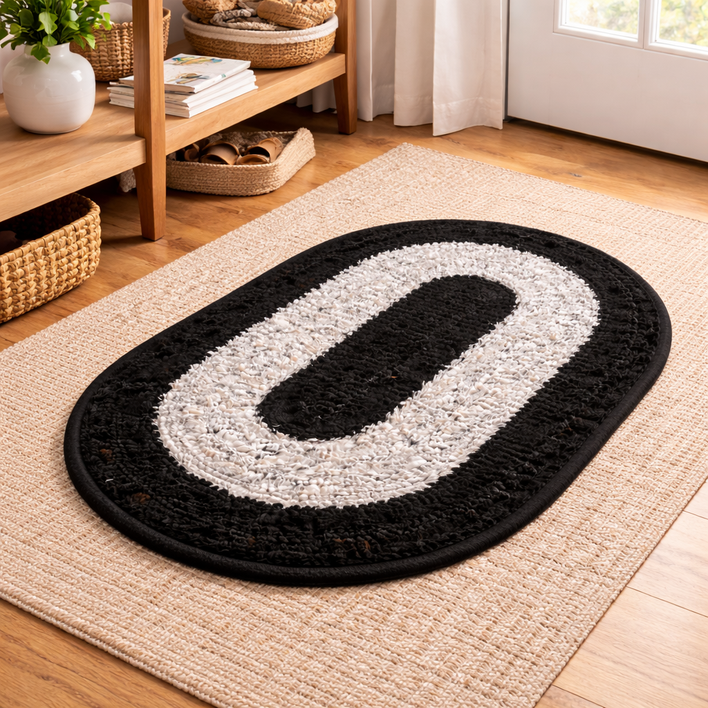 Black & White Oval Bath Mat – Anti-Skid Bathroom Floor Mat | Soft & Absorbent Door Mat | Quick Dry & Durable Rug | Non-Slip Bath Mat for Home