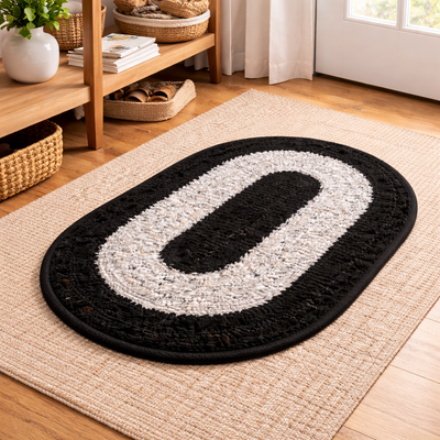 Black & White Oval Bath Mat – Anti-Skid Bathroom Floor Mat | Soft & Absorbent Door Mat | Quick Dry & Durable Rug | Non-Slip Bath Mat for Home