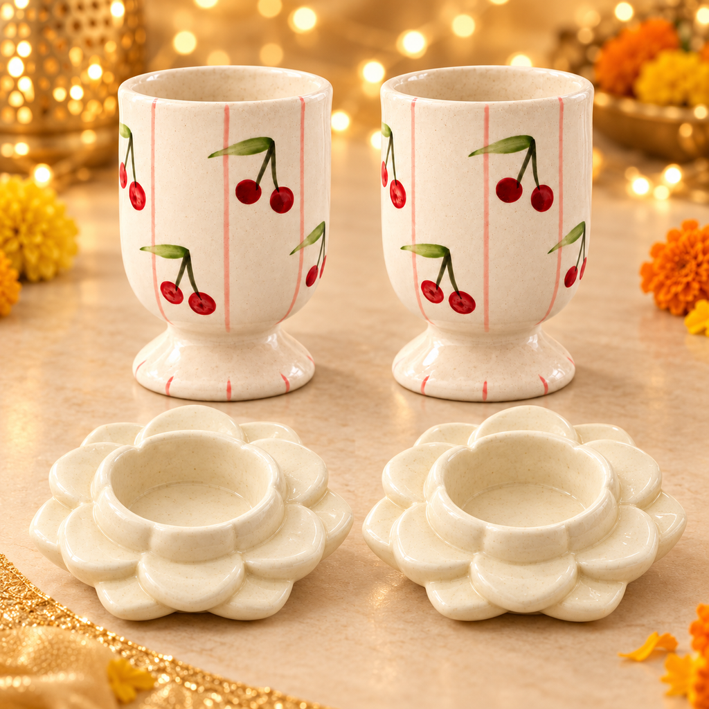 Athena Home Diwali Gift Set | 2 Cherry Print Ceramic Cups & 2 Flower Diya/Candle Holders