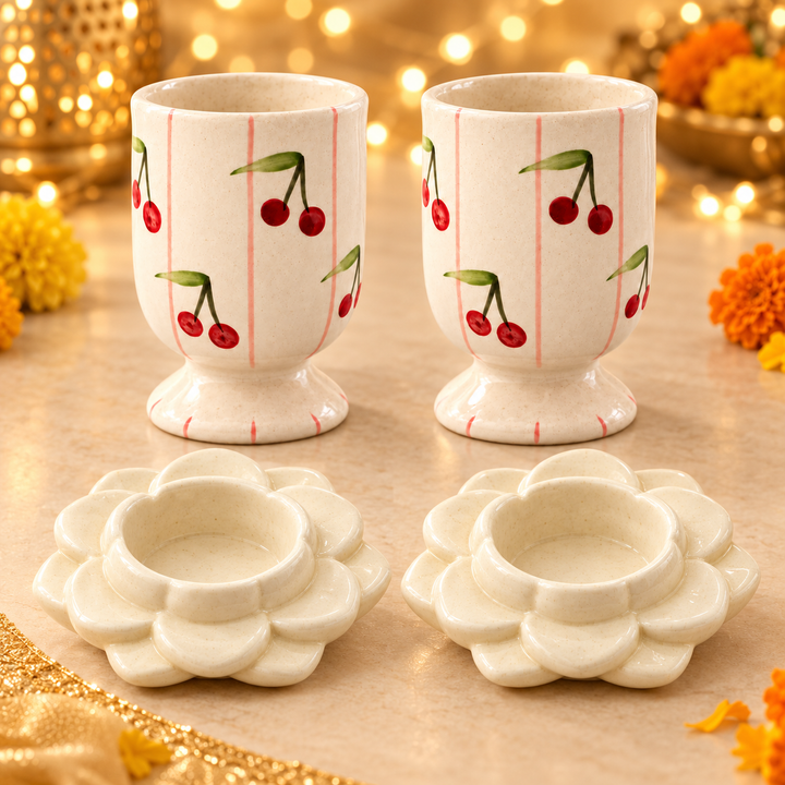 Athena Home Diwali Gift Set | 2 Cherry Print Ceramic Cups & 2 Flower Diya/Candle Holders