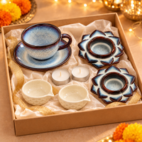 Athena Home Diwali Gift Hamper | Ceramic Cup & Saucer, Diya Holders, Diyas & Tealight Candles