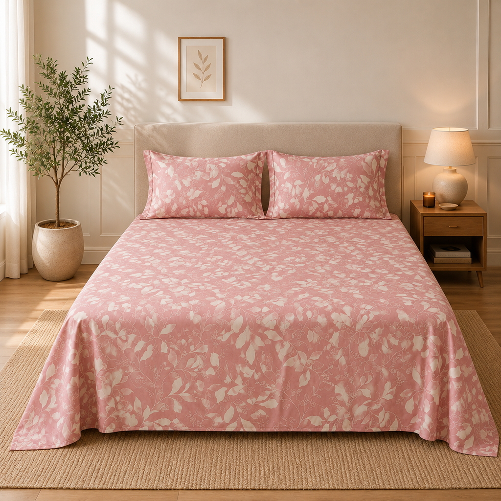 Blush Pink Floral Queen Size Bedsheet with 2 Pillow Covers | Soft Cotton Double Bed Sheet (90 x 100 Inches)