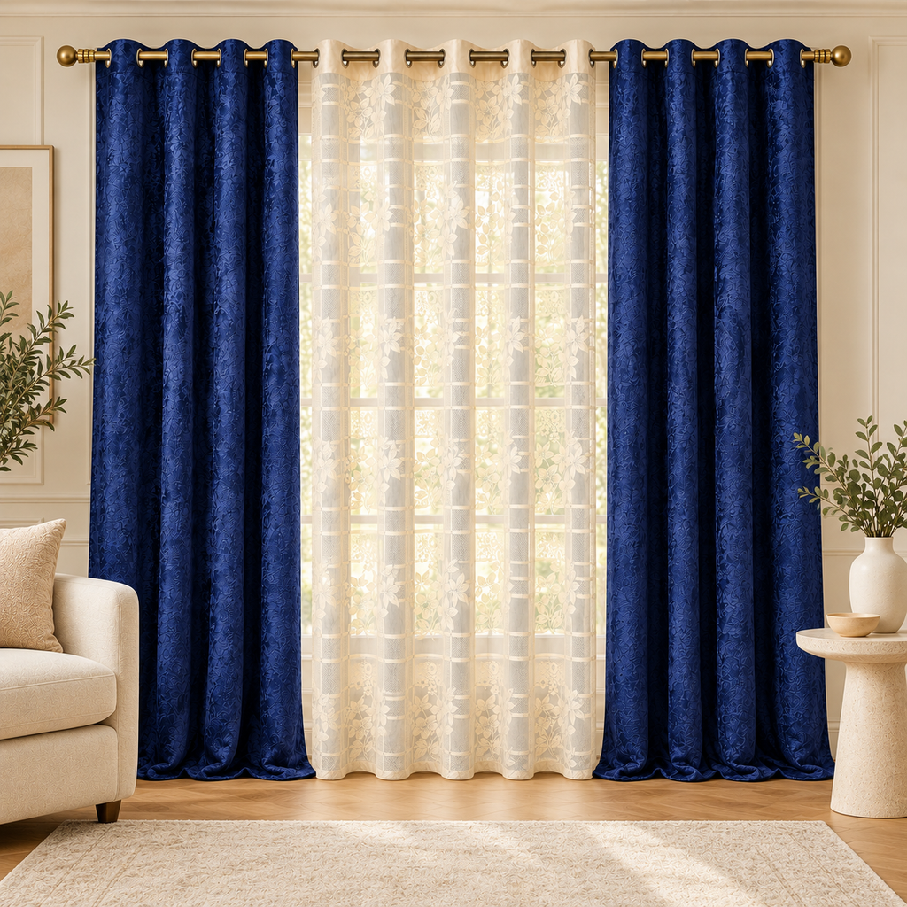 Athena Home Navy Blue & Beige Sheer Eyelet Curtains – Set of 3