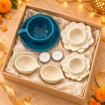 Athena Home Diwali Gift Hamper | Ceramic Cup & Saucer, 2 Flower Diya Holders, 2 Small Diyas & 2 Tealight Candles