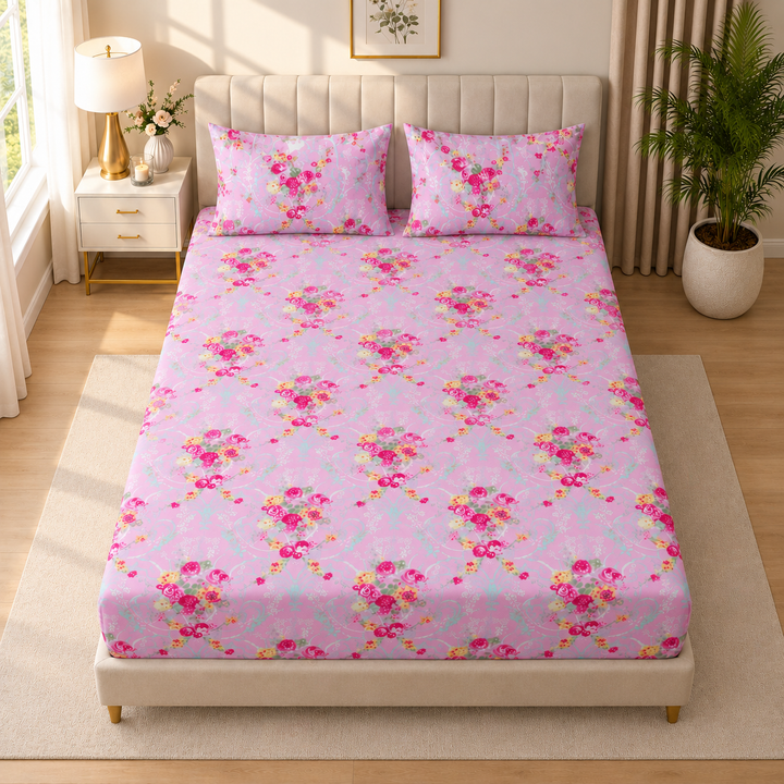 Pink Floral Bedsheet with 2 Pillow Covers – Queen Size (90 x 100 Inches) | Soft Cotton Bedsheet