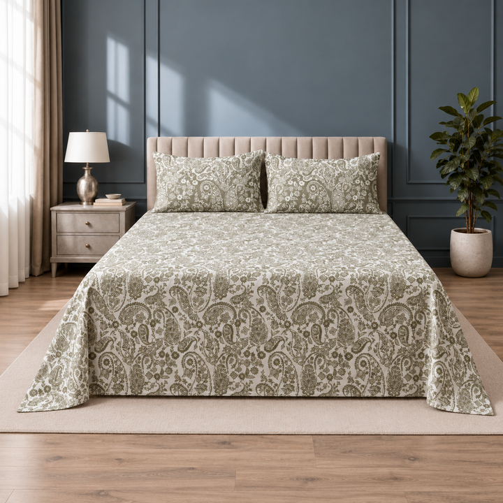 Sage Green Paisley Queen Size Bedsheet with 2 Pillow Covers | Soft Cotton Double Bed Sheet
