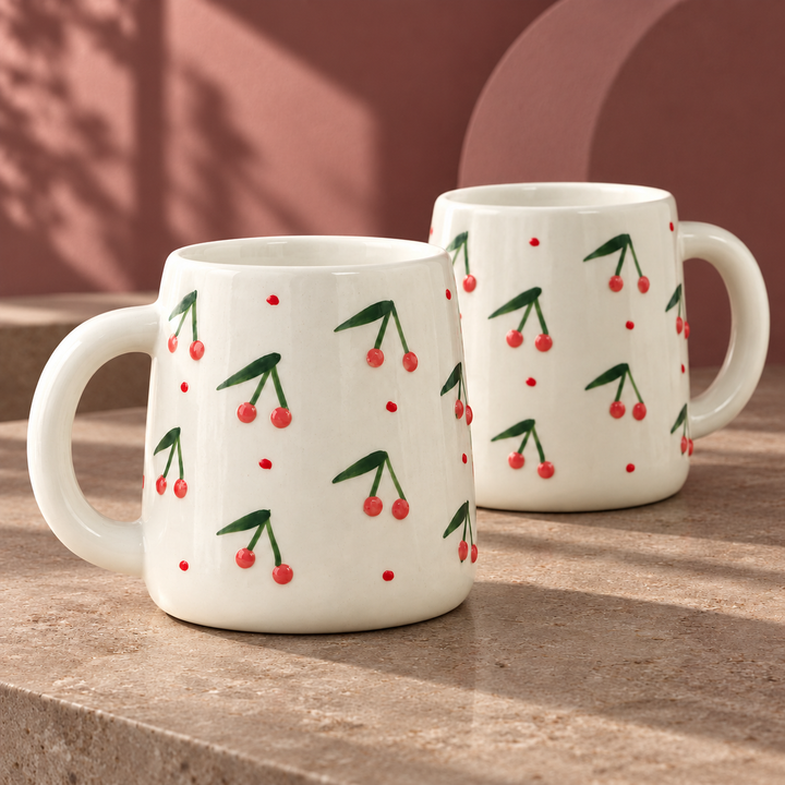 Athena Home Cherry Ceramic Coffee Mugs – Ivory, Set of 2