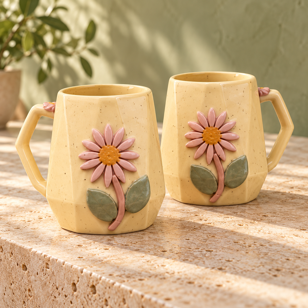 Athena Home Pink Daisy Ceramic Coffee Mugs – Yellow, Set of 2