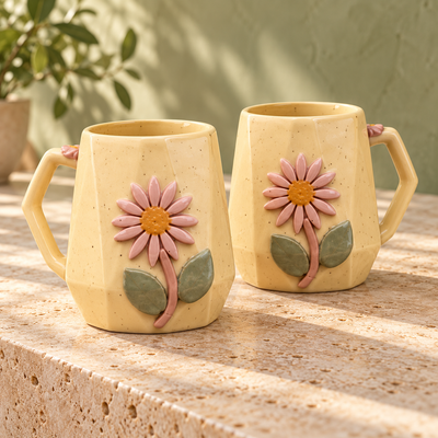 Athena Home Pink Daisy Ceramic Coffee Mugs – Yellow, Set of 2