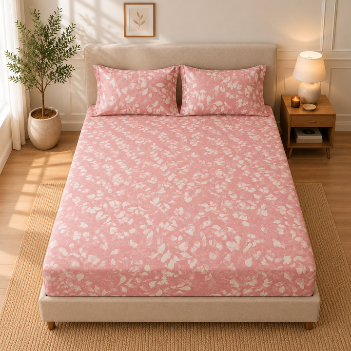 Blush Pink Floral Queen Size Bedsheet with 2 Pillow Covers | Soft Cotton Double Bed Sheet (90 x 100 Inches)