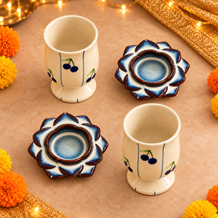 Athena Home Diwali Gift Set | 2 Blueberry Print Ceramic Cups & 2 Flower Diya/Candle Holders