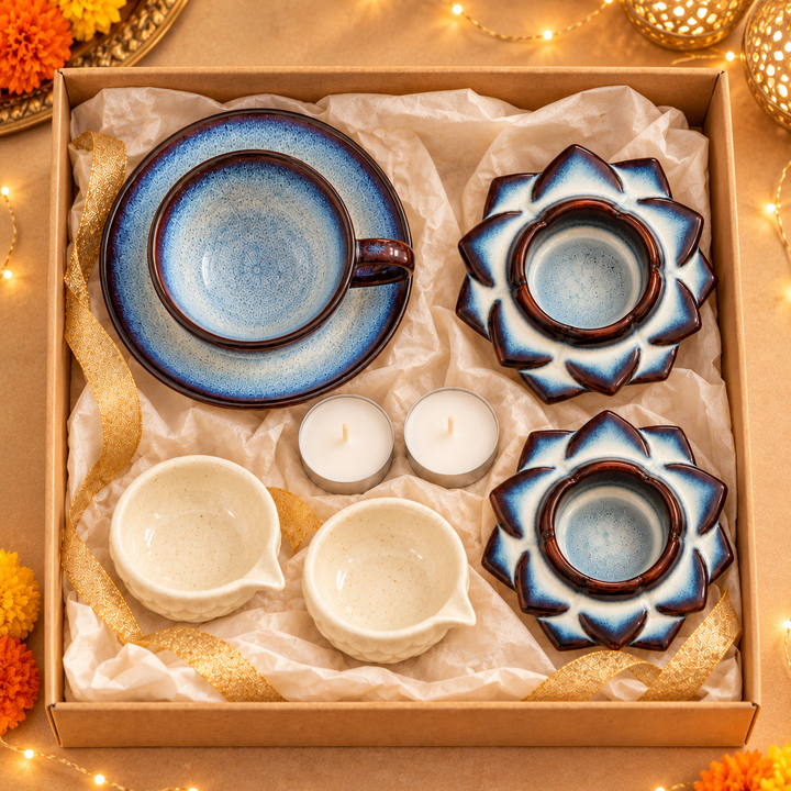 Athena Home Diwali Gift Hamper | Ceramic Cup & Saucer, Diya Holders, Diyas & Tealight Candles