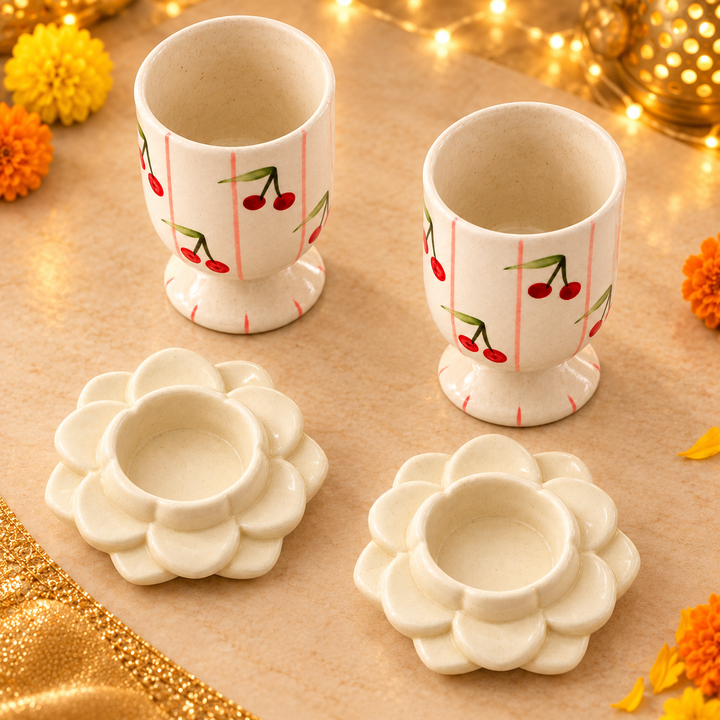 Athena Home Diwali Gift Set | 2 Cherry Print Ceramic Cups & 2 Flower Diya/Candle Holders