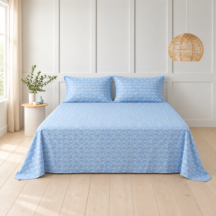 Sky Blue Geometric Queen Size Bedsheet with 2 Pillow Covers | Soft Cotton Double Bed Sheet