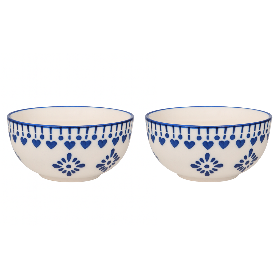 Set of 2 Blue Heart Design Ceramic Bowls | Handcrafted Snack & Dessert Bowls | Premium Kitchenware