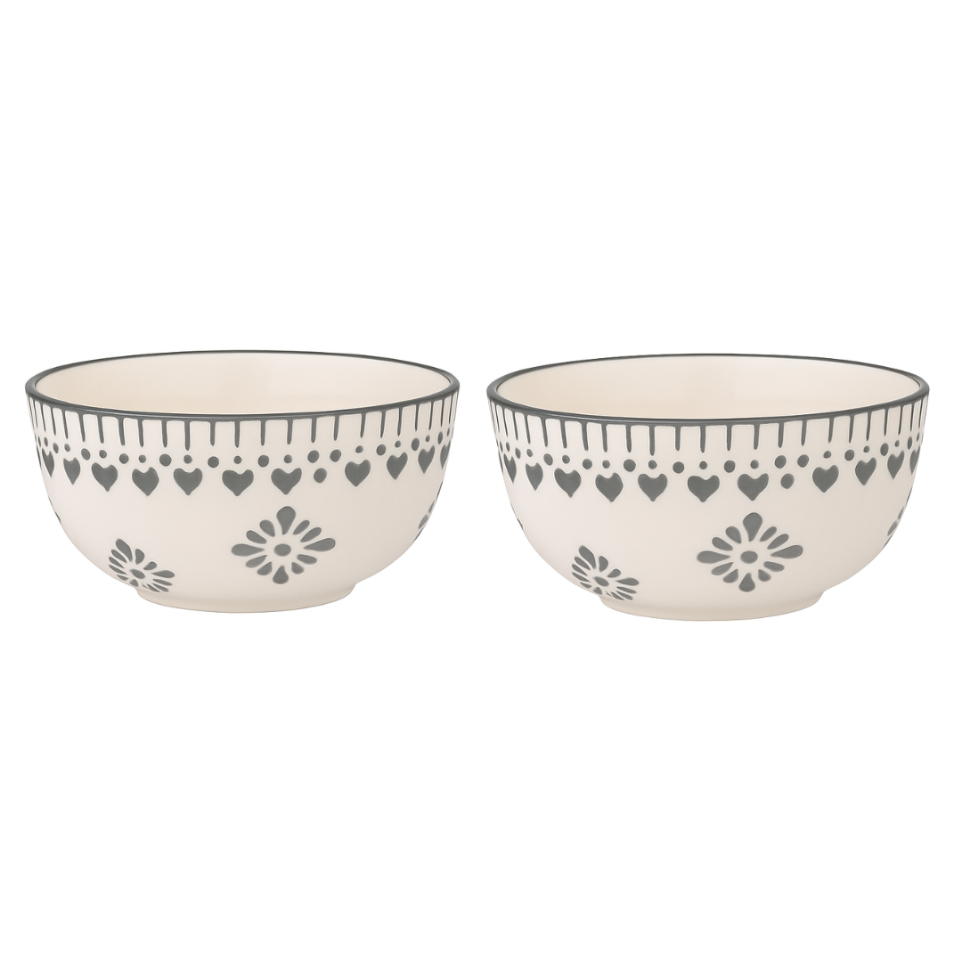 Set of 2 Grey Heart Design Ceramic Bowls | Handcrafted Multipurpose Snack & Dessert Bowls | Premium Kitchenware