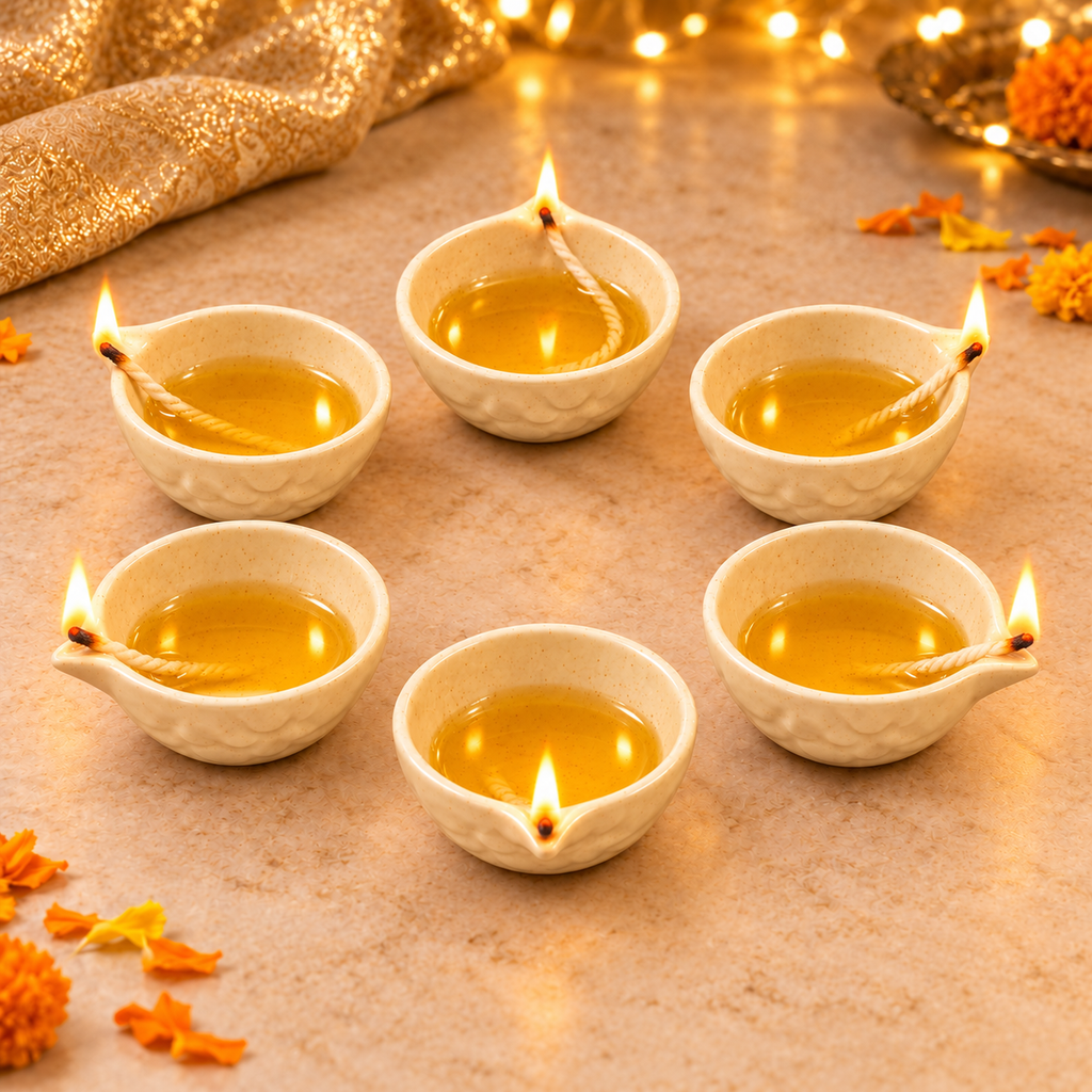 Athena Home Ivory Ceramic Diyas for Diwali & Pooja – Set of 6