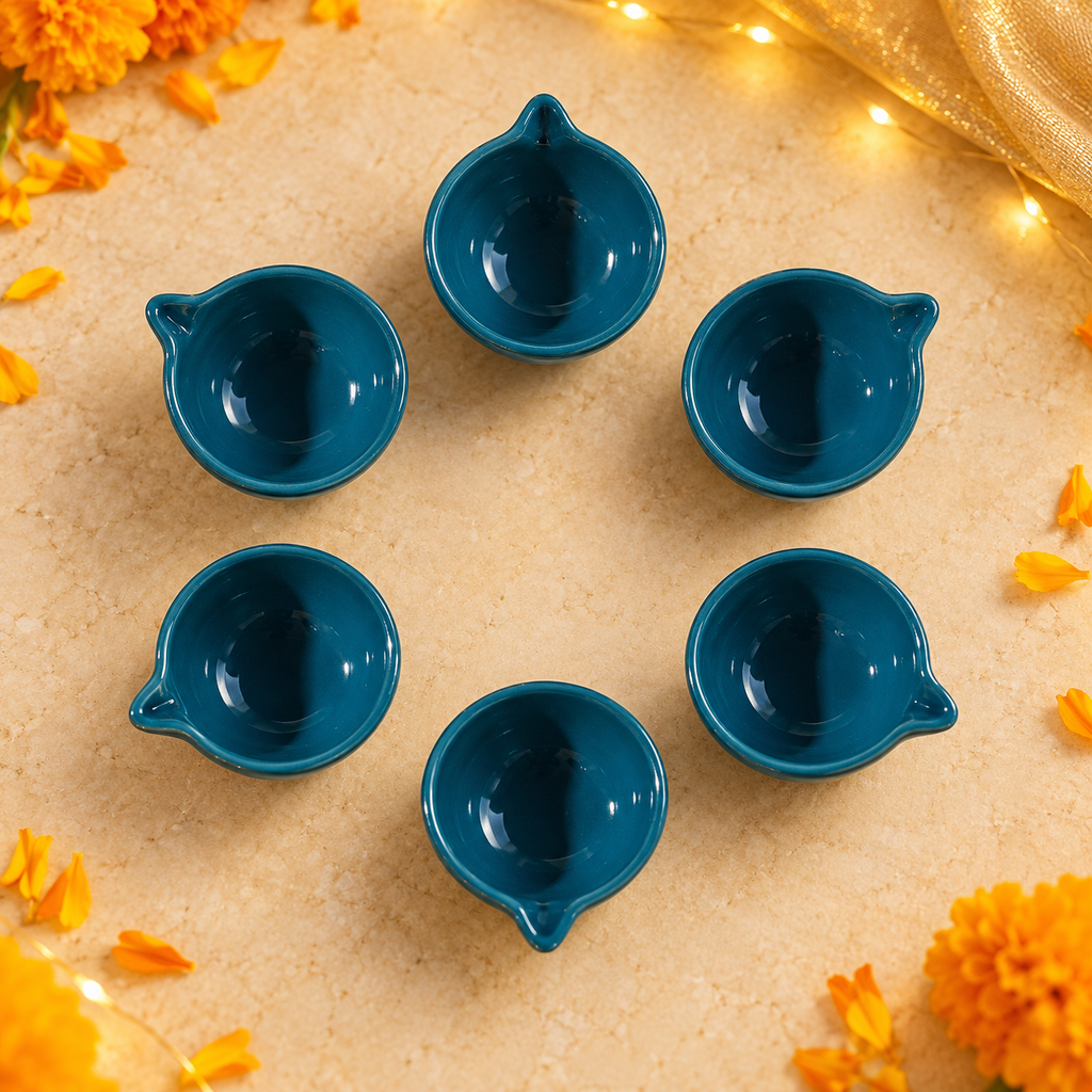 Athena Home Teal Ceramic Diyas for Diwali & Pooja – Set of 6