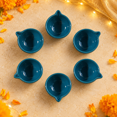 Athena Home Teal Ceramic Diyas for Diwali & Pooja – Set of 6
