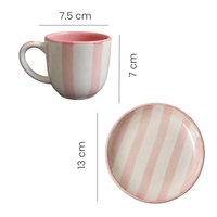 Athena Home Ceramic Tea Cup & Saucer Set of 2 | Pink Striped Coffee Cups | Premium Ceramic Cup Set | 220 ml