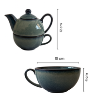 Premium Ceramic Stackable Teapot with Cup Set | Handcrafted Dual-Tone Green Stoneware | Space-Saving Design | Microwave & Dishwasher Safe