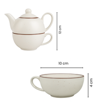 Premium Ceramic Stackable Teapot with Cup Set | Speckled Matte Beige with Brown Rim | Handcrafted Stoneware | Microwave & Dishwasher Safe