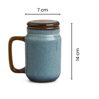 Premium Ceramic Mug with Lid | 350ml Blue Stoneware Coffee & Tea Cup | Ceramic Heat-Retention Lid | Microwave & Dishwasher Safe