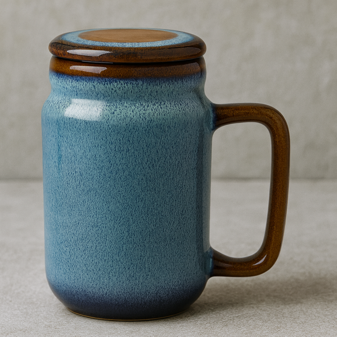 Mason Jar | Blue Stone Ceramic Mug with Lid | 420ml
