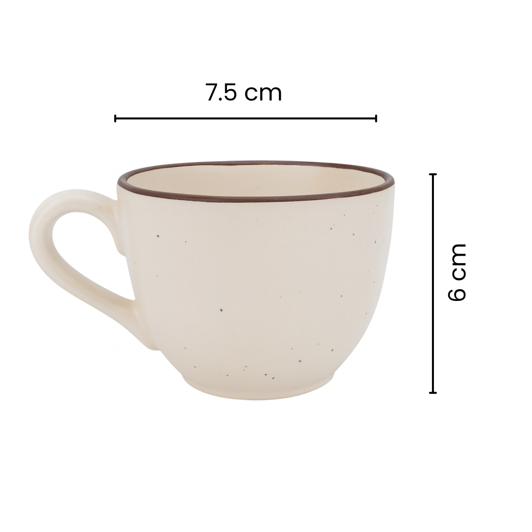 Premium Ceramic Cup & Saucer Set | Set of 2| Speckled Beige with Brown Rim | Handmade Stoneware Tea & Coffee Cup