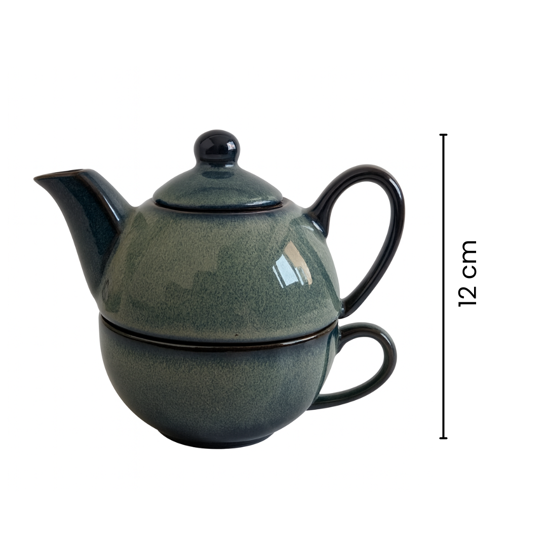 Premium Ceramic Stackable Teapot with Cup Set | Handcrafted Dual-Tone Green Stoneware | Space-Saving Design | Microwave & Dishwasher Safe