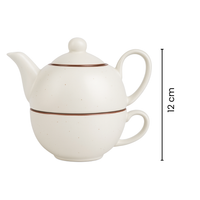 Premium Ceramic Stackable Teapot with Cup Set | Speckled Matte Beige with Brown Rim | Handcrafted Stoneware | Microwave & Dishwasher Safe