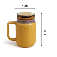 Premium Ceramic Coffee Mug with Lid | 350ml Mustard Yellow Stoneware Cup | Ceramic Lid for Heat Retention | Microwave & Dishwasher Safe