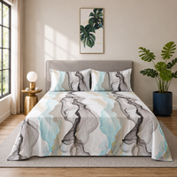 Grey & Teal Marble Queen Size Bedsheet with 2 Pillow Covers | Soft Cotton Double Bed Sheet