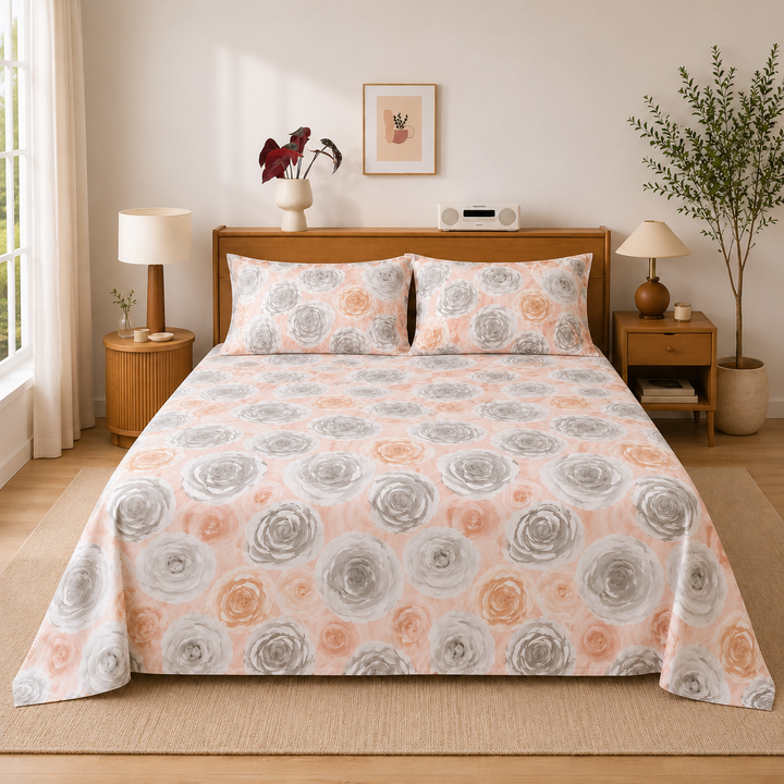 Peach & Grey Floral Queen Size Bedsheet with 2 Pillow Covers | Soft Cotton Double Bed Sheet