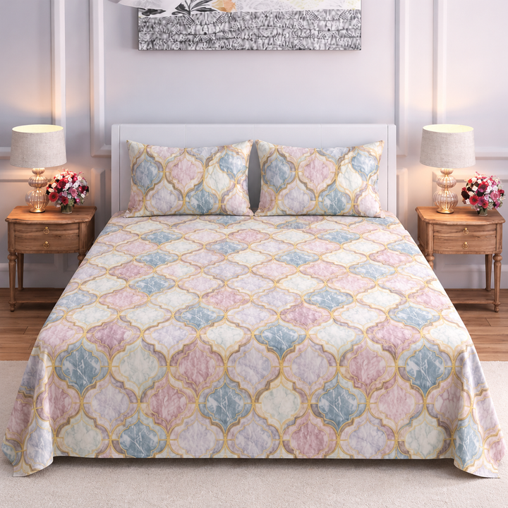 Pastel Geometric Bedsheet with 2 Pillow Covers – Queen Size (90 x 100 Inches) | Soft Cotton Bedsheet