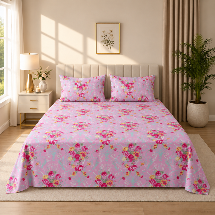 Pink Floral Bedsheet with 2 Pillow Covers – Queen Size (90 x 100 Inches) | Soft Cotton Bedsheet