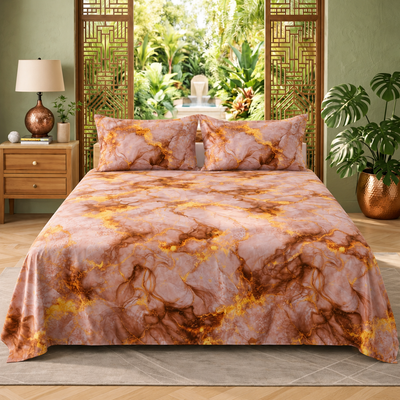 Rose Gold Marble Queen Size Bedsheet with 2 Pillow Covers | Soft Cotton Double Bed Sheet