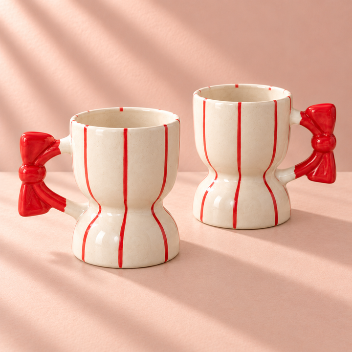 Athena Home Red Bow Handle Ceramic Coffee Mugs – Set of 2