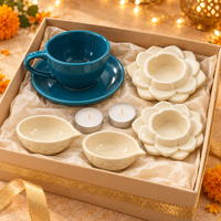 Athena Home Diwali Gift Hamper | Ceramic Cup & Saucer, 2 Flower Diya Holders, 2 Small Diyas & 2 Tealight Candles