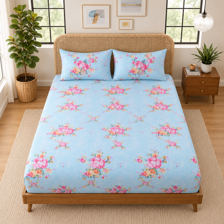 Blue Floral Bedsheet with 2 Pillow Covers – Queen Size (90 x 100 Inches) | Soft Cotton Bedsheet