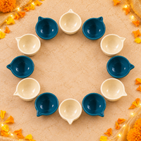 Athena Home Ivory & Teal Ceramic Diyas for Diwali & Pooja – Set of 12