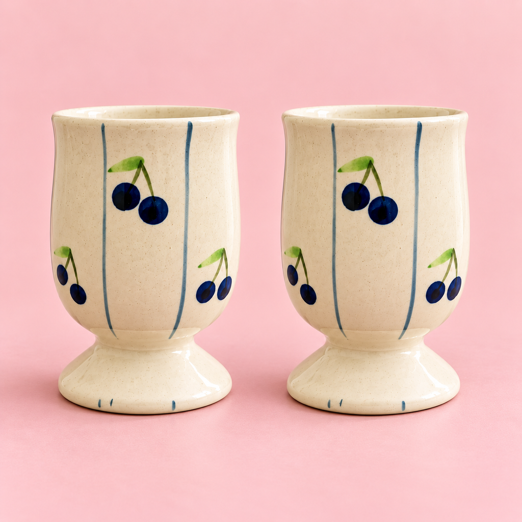 Athena Home Ceramic Coffee Cups Set of 2 | Blueberry Print Pedestal Cups