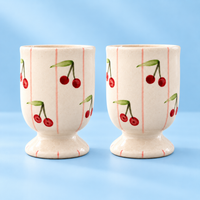Athena Home Ceramic Coffee Cups Set of 2 | Cherry Print Pedestal Cups