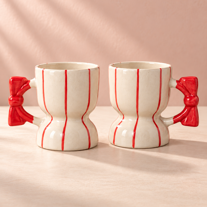 Athena Home Red Bow Handle Ceramic Coffee Mugs – Set of 2