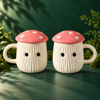 Athena Home Pink Mushroom Ceramic Mugs with Lids – Set of 2