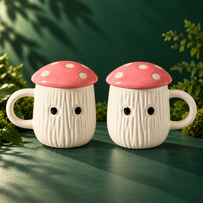 Athena Home Pink Mushroom Ceramic Mugs with Lids – Set of 2